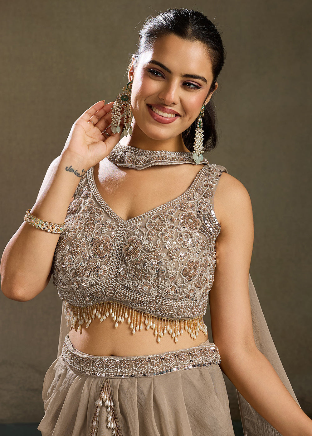Buy Now Taupe Brown Embroidered Cocktail Party Indo Western Dress Online in US, UK, Canada, Netherlands, Germany, Italy, France, Greece & Worldwide at Empress.