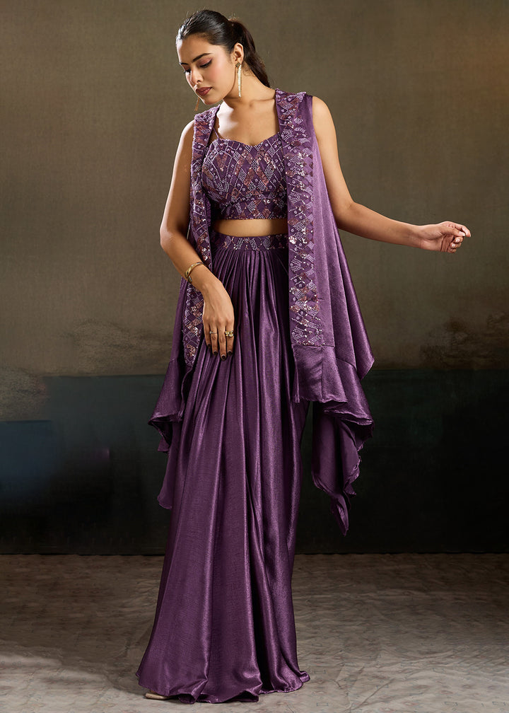 Buy Now Purple Embroidered Cocktail Party Indo Western Dress Online in US, UK, Canada, Netherlands, Germany, Italy, France, Greece, UAE &amp; Worldwide at Empress.