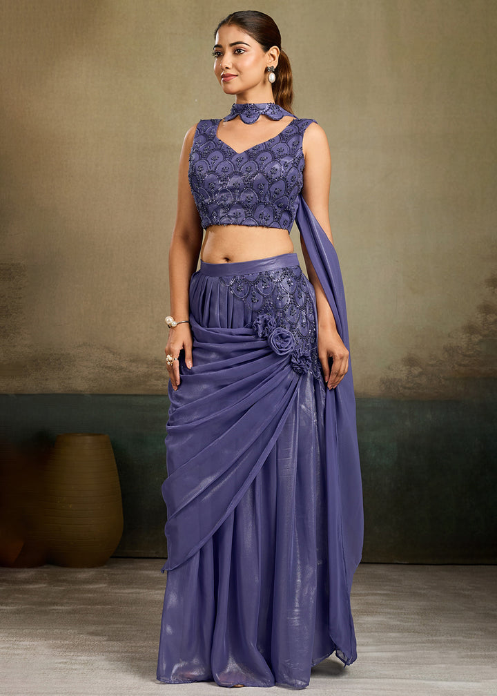 Buy Now Indigo Blue Embroidered Cocktail Party Indo Western Dress Online in US, UK, Canada, Netherlands, Germany, Italy, France, Greece &amp; Worldwide at Empress.