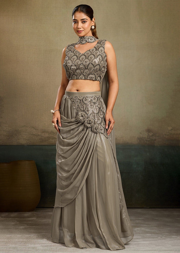 Buy Now Slate Grey Embroidered Cocktail Party Indo Western Dress Online in US, UK, Canada, Netherlands, Germany, Italy, France, Greece &amp; Worldwide at Empress.