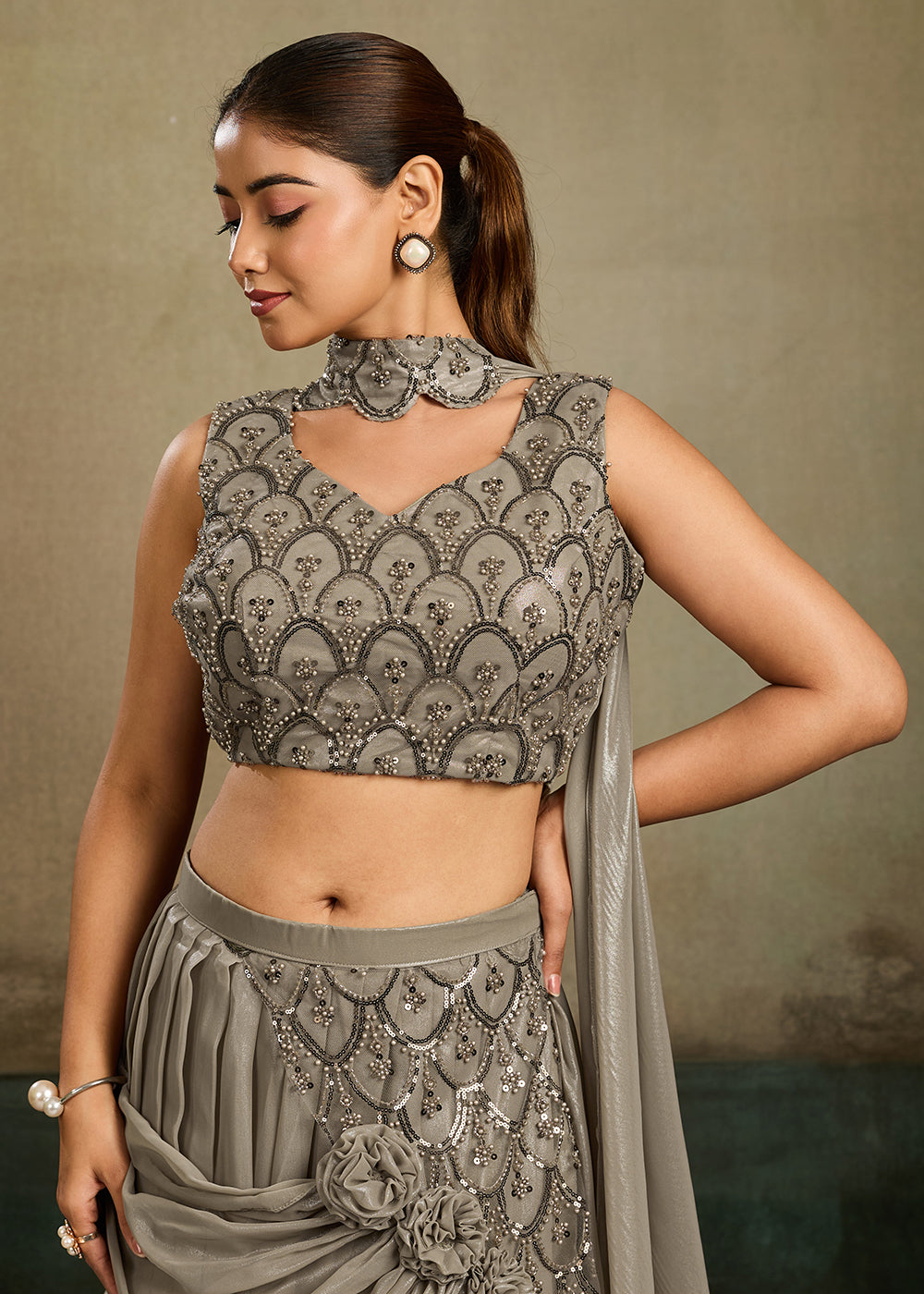 Buy Now Slate Grey Embroidered Cocktail Party Indo Western Dress Online in US, UK, Canada, Netherlands, Germany, Italy, France, Greece &amp; Worldwide at Empress.