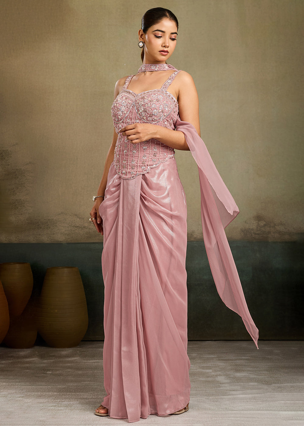 Buy Now Rose Pink Embroidered Cocktail Party Indo Western Dress Online in US, UK, Canada, Netherlands, Germany, Italy, France, Greece & Worldwide at Empress.