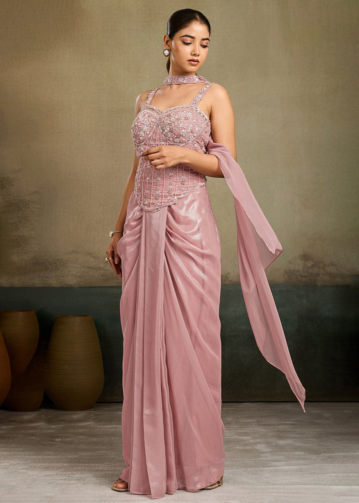 Buy Now Rose Pink Embroidered Cocktail Party Indo Western Dress Online in US, UK, Canada, Netherlands, Germany, Italy, France, Greece &amp; Worldwide at Empress.