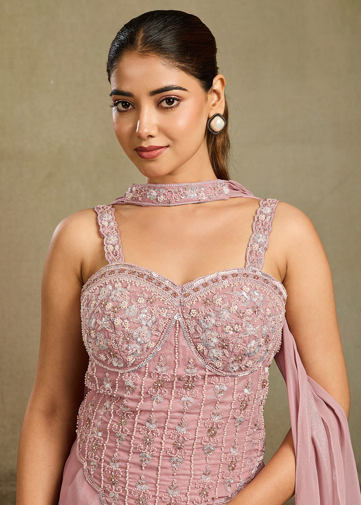 Buy Now Rose Pink Embroidered Cocktail Party Indo Western Dress Online in US, UK, Canada, Netherlands, Germany, Italy, France, Greece &amp; Worldwide at Empress.