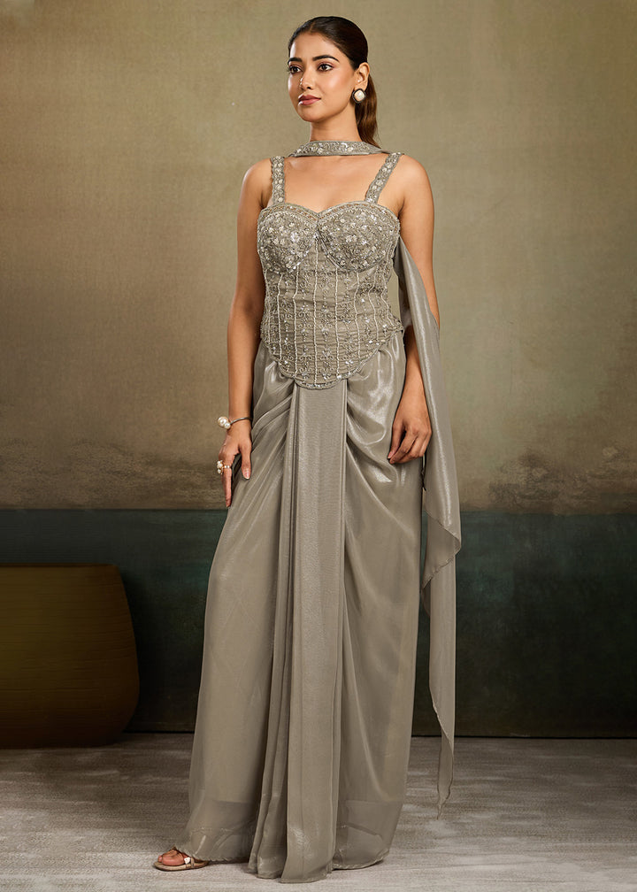 Buy Now Sage Grey Embroidered Cocktail Party Indo Western Dress Online in US, UK, Canada, Netherlands, Germany, Italy, France, Greece &amp; Worldwide at Empress.