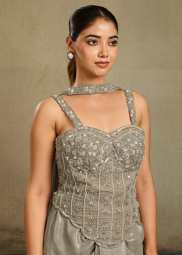 Buy Now Sage Grey Embroidered Cocktail Party Indo Western Dress Online in US, UK, Canada, Netherlands, Germany, Italy, France, Greece &amp; Worldwide at Empress.