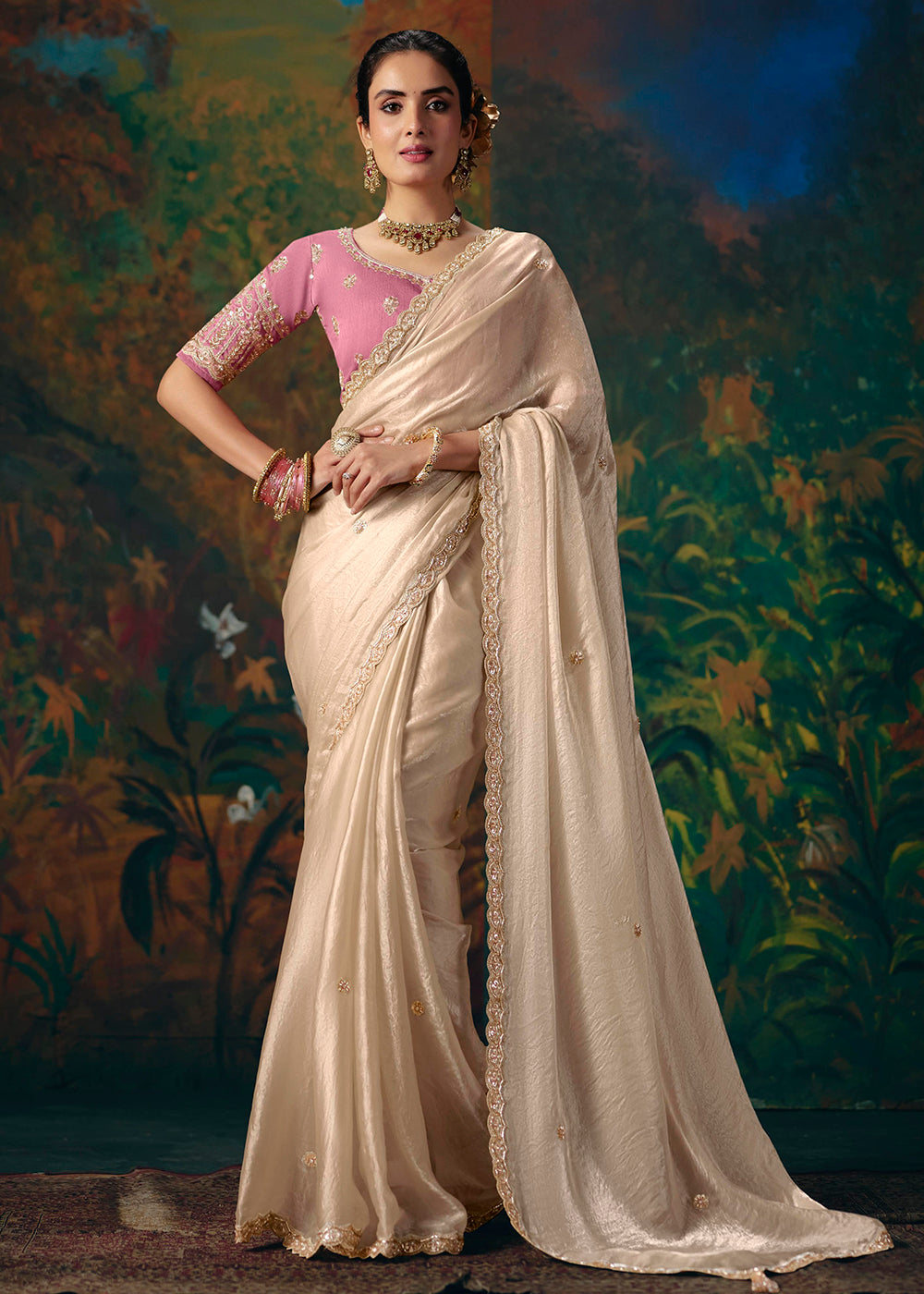 Buy Now Cream & Pink Designer Style Embroidered Festive Saree at Online in US, UK, Canada, France, Germany, Denmark, Sweden, Australia & Worldwide at Empress.