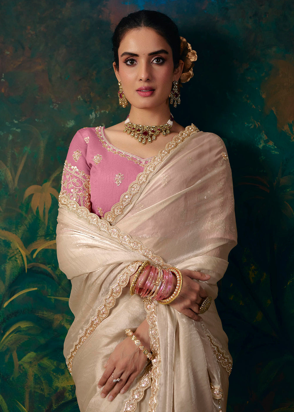 Buy Now Cream & Pink Designer Style Embroidered Festive Saree at Online in US, UK, Canada, France, Germany, Denmark, Sweden, Australia & Worldwide at Empress.