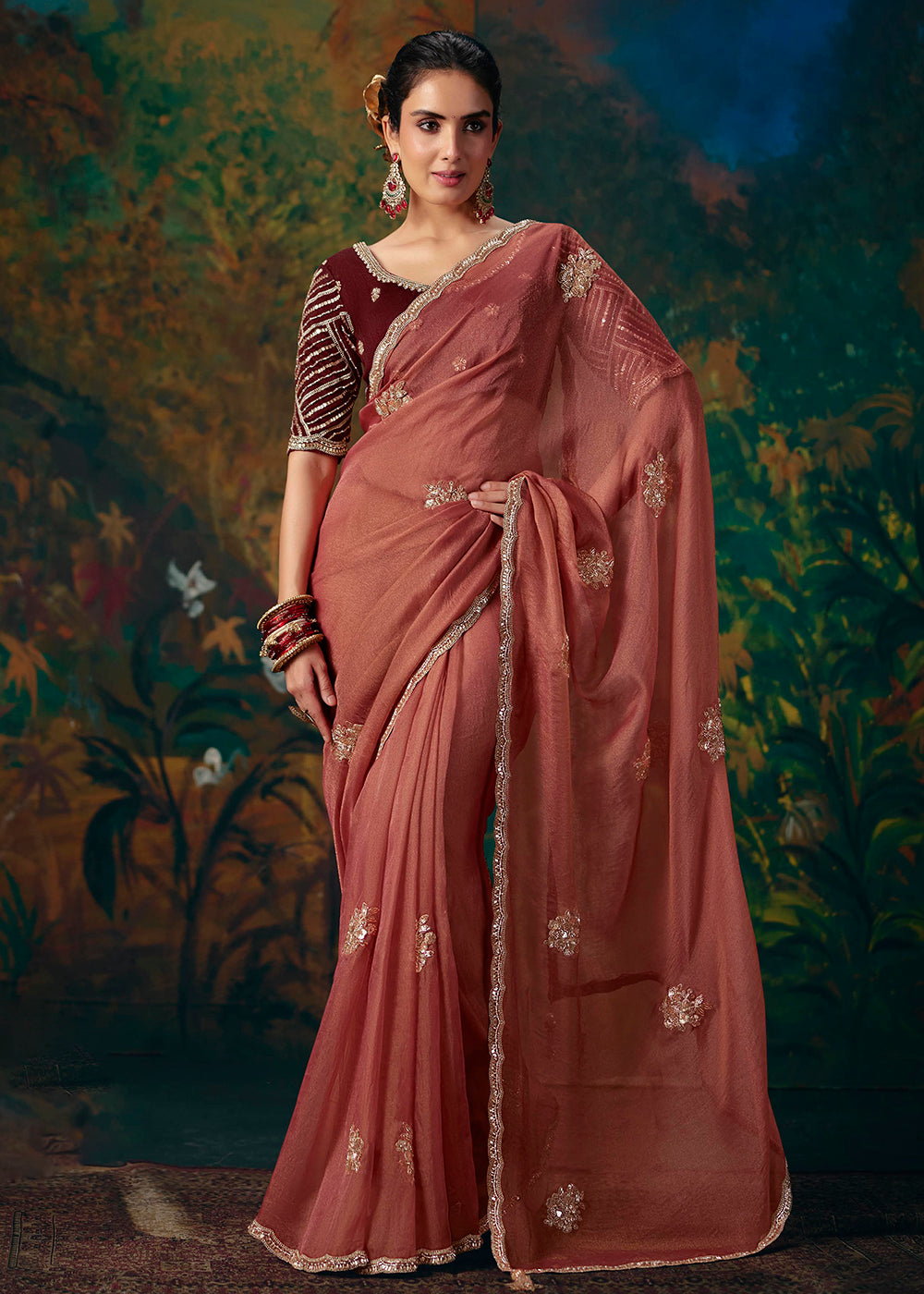 Buy Now Rust & Maroon Designer Style Embroidered Festive Saree at Online in US, UK, Canada, France, Germany, Denmark, Sweden, Australia & Worldwide at Empress.
