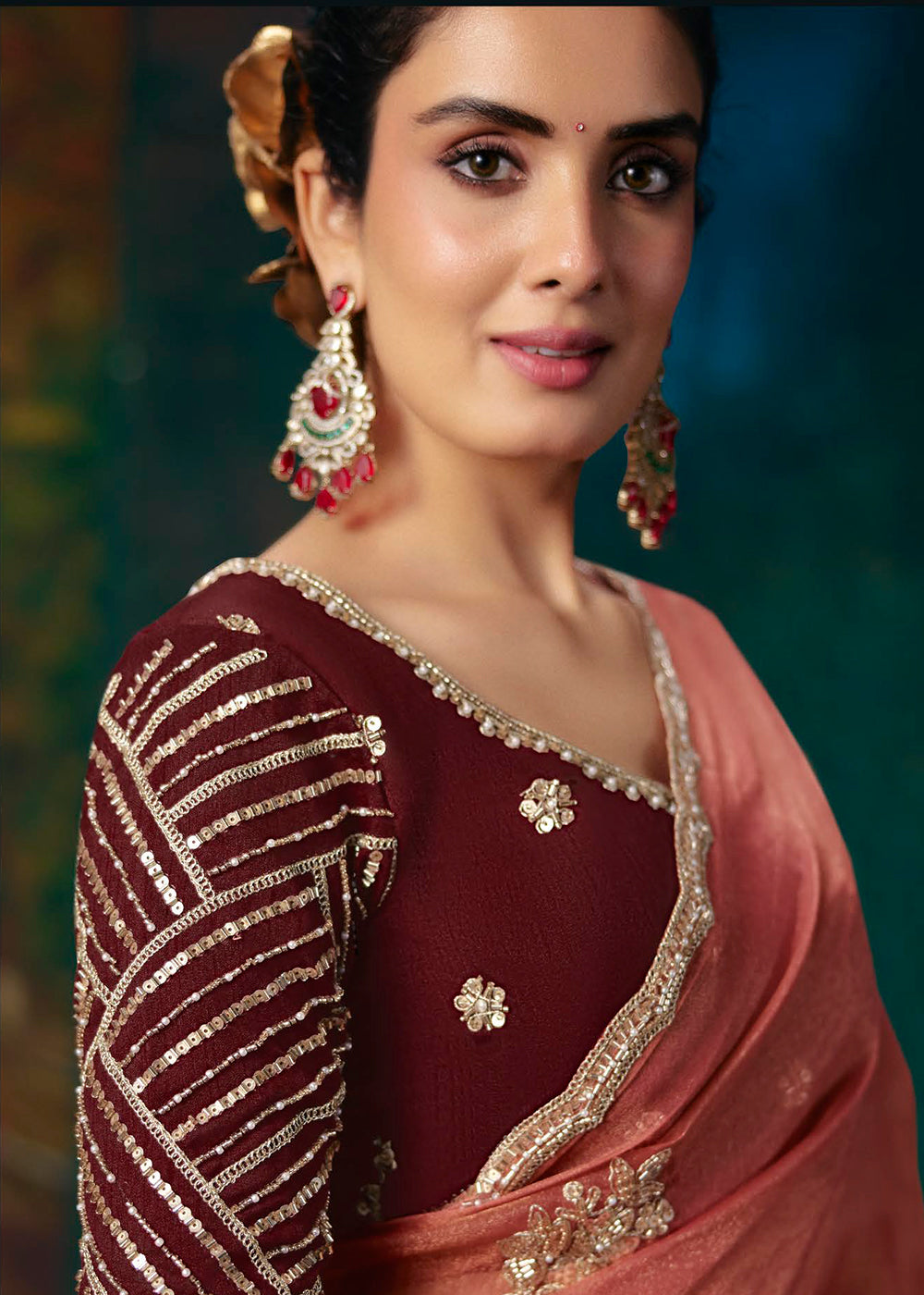 Buy Now Rust & Maroon Designer Style Embroidered Festive Saree at Online in US, UK, Canada, France, Germany, Denmark, Sweden, Australia & Worldwide at Empress.