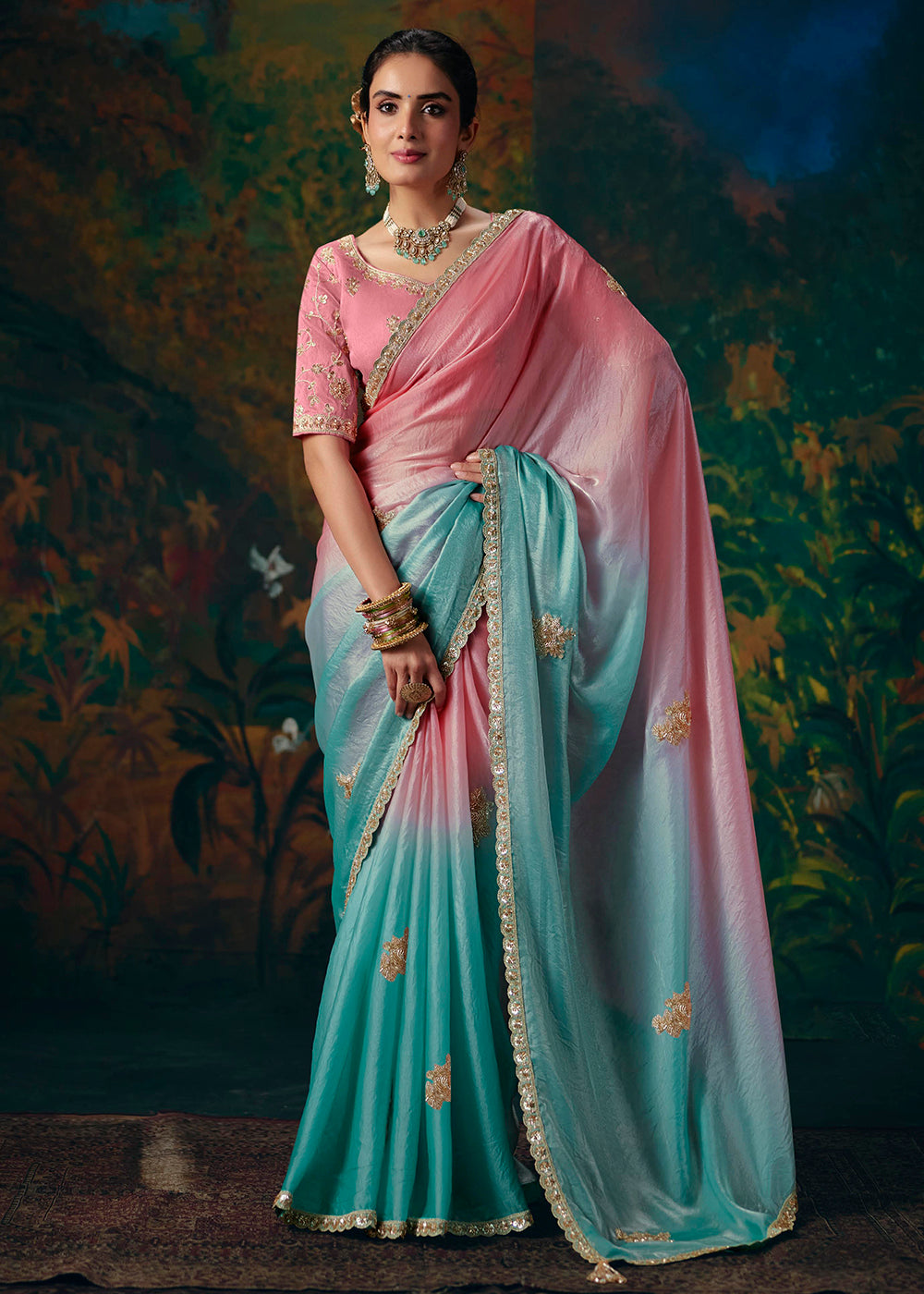 Buy Now Rama & Pink Designer Style Embroidered Festive Saree at Online in US, UK, Canada, France, Germany, Denmark, Sweden, Australia & Worldwide at Empress.