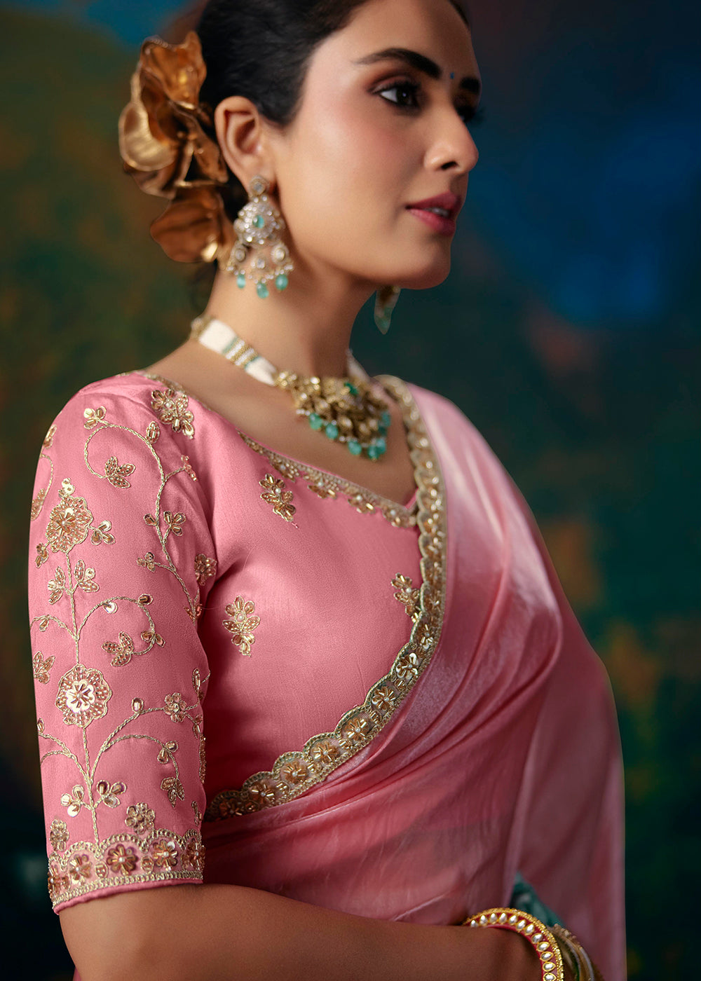 Buy Now Rama & Pink Designer Style Embroidered Festive Saree at Online in US, UK, Canada, France, Germany, Denmark, Sweden, Australia & Worldwide at Empress.