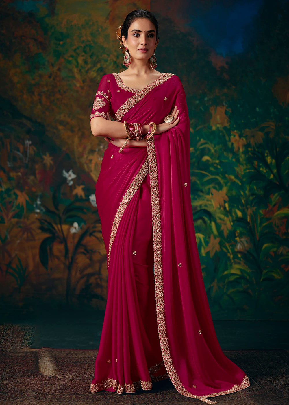 Buy Now Red Designer Style Embroidered Festive Saree at Online in US, UK, Canada, France, Germany, Denmark, Sweden, Australia, UAE & Worldwide at Empress.