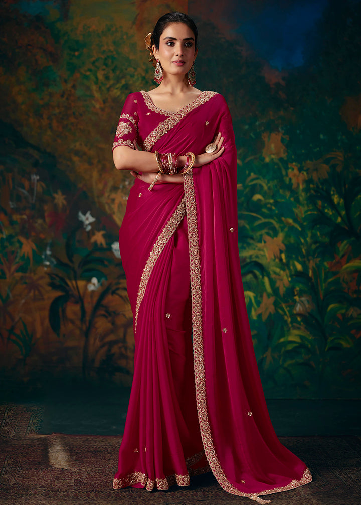 Buy Now Red Designer Style Embroidered Festive Saree at Online in US, UK, Canada, France, Germany, Denmark, Sweden, Australia, UAE &amp; Worldwide at Empress.