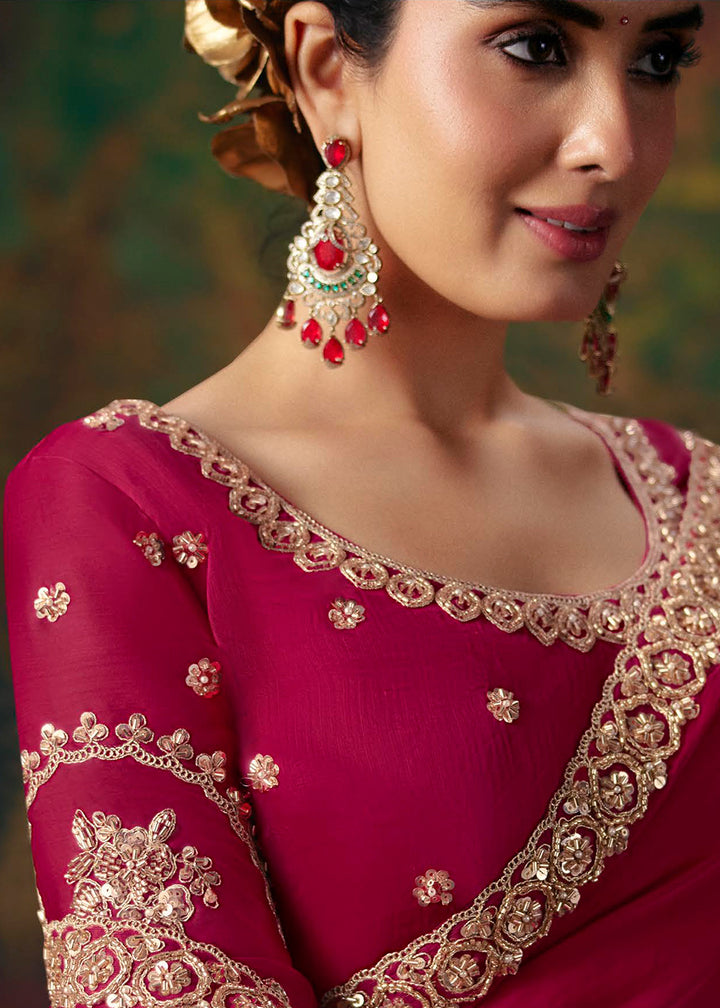 Buy Now Red Designer Style Embroidered Festive Saree at Online in US, UK, Canada, France, Germany, Denmark, Sweden, Australia, UAE &amp; Worldwide at Empress.