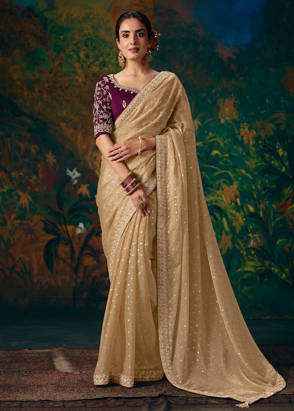 Buy Now Beige & Maroon Designer Style Embroidered Festive Saree at Online in US, UK, Canada, France, Germany, Denmark, Sweden, Australia & Worldwide at Empress.