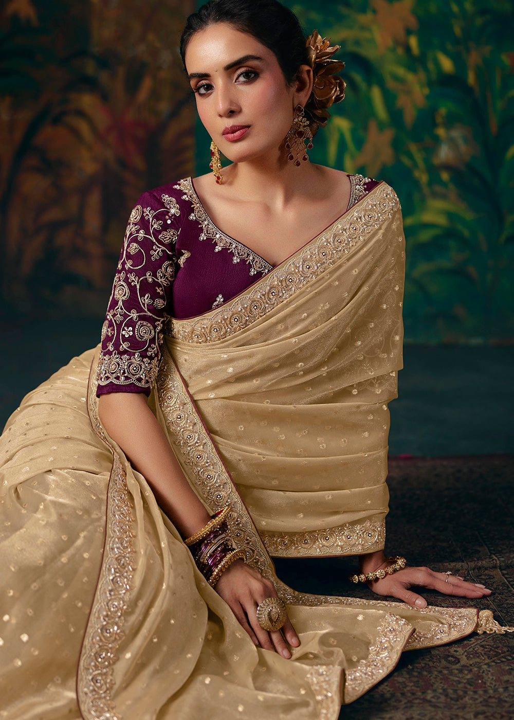 Buy Now Beige &amp; Maroon Designer Style Embroidered Festive Saree at Online in US, UK, Canada, France, Germany, Denmark, Sweden, Australia &amp; Worldwide at Empress.