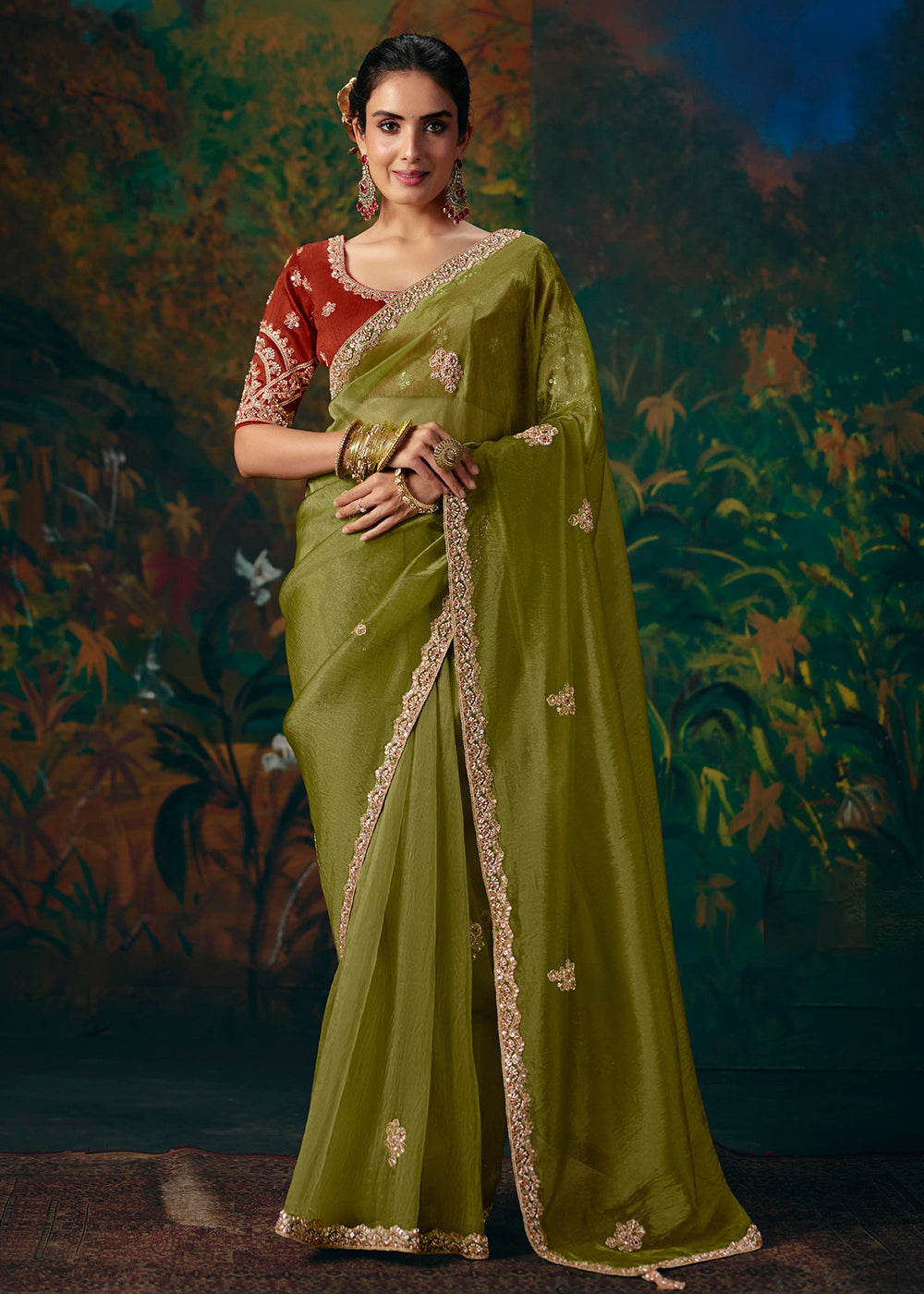 Buy Now Green & Orange Designer Style Embroidered Festive Saree at Online in US, UK, Canada, France, Germany, Denmark, Sweden, Australia & Worldwide at Empress.
