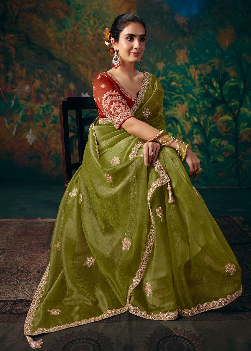 Buy Now Green & Orange Designer Style Embroidered Festive Saree at Online in US, UK, Canada, France, Germany, Denmark, Sweden, Australia & Worldwide at Empress.