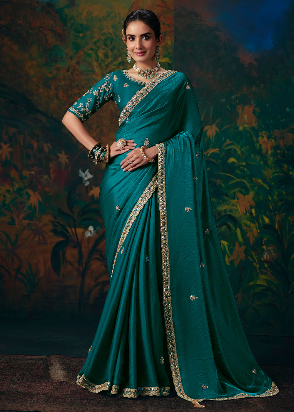 Buy Now Peacock Blue Designer Style Embroidered Festive Saree at Online in US, UK, Canada, France, Germany, Denmark, Sweden, Australia & Worldwide at Empress.