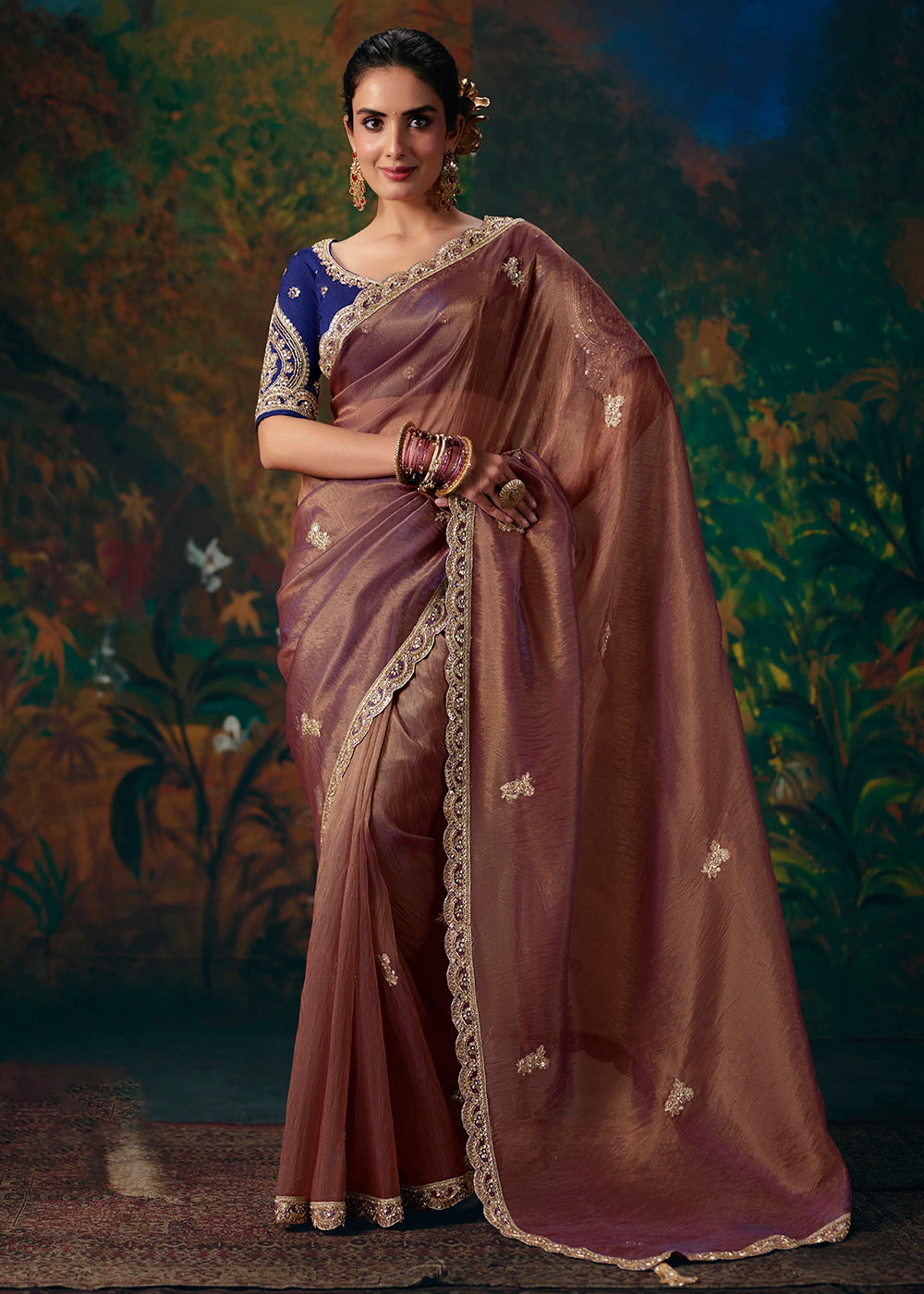 Buy Now Pink & Navy Blue Designer Style Embroidered Festive Saree at Online in US, UK, Canada, France, Germany, Denmark, Sweden, Australia & Worldwide at Empress.