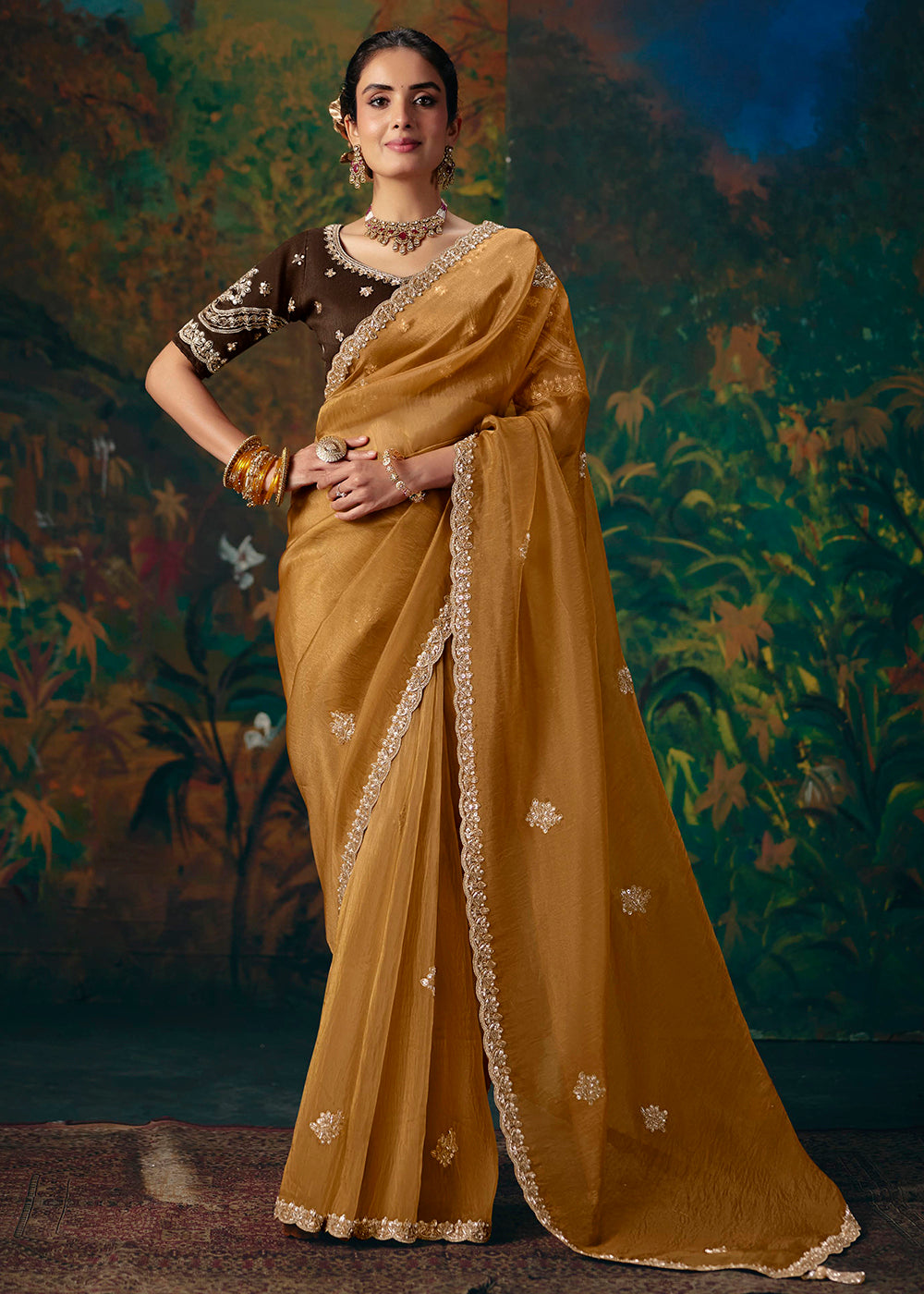 Buy Now Mustard & Coffee Designer Style Embroidered Festive Saree at Online in US, UK, Canada, France, Germany, Denmark, Sweden, Austria & Worldwide at Empress.