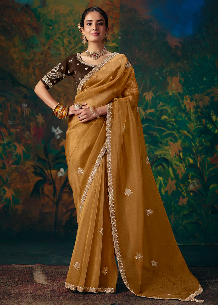 Buy Now Mustard &amp; Coffee Designer Style Embroidered Festive Saree at Online in US, UK, Canada, France, Germany, Denmark, Sweden, Austria &amp; Worldwide at Empress.