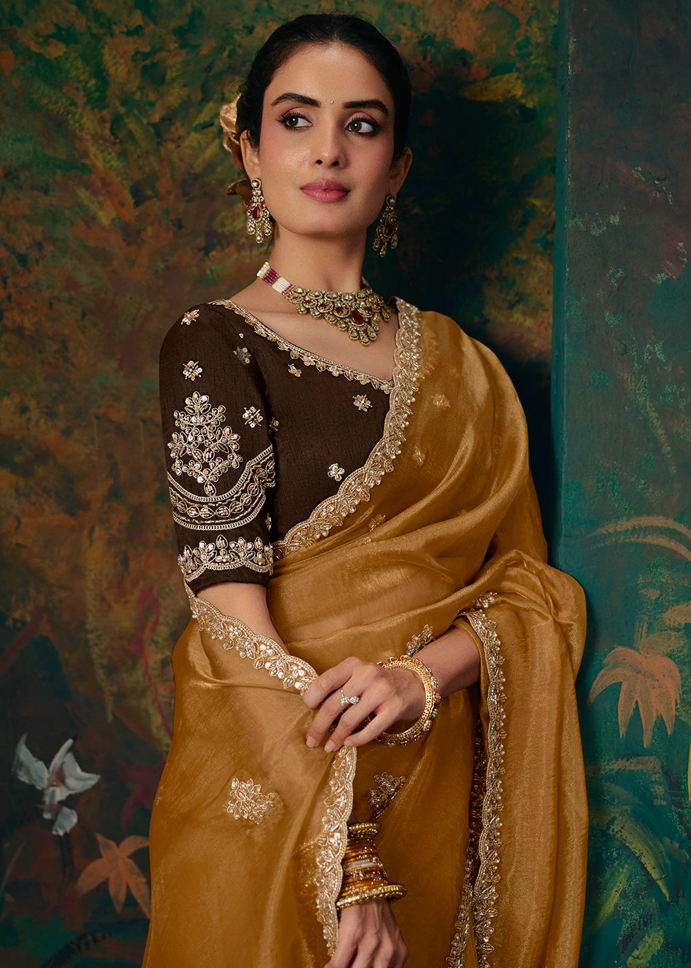 Buy Now Mustard & Coffee Designer Style Embroidered Festive Saree at Online in US, UK, Canada, France, Germany, Denmark, Sweden, Austria & Worldwide at Empress.