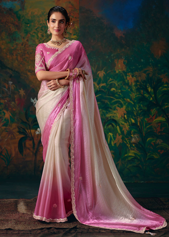 Buy Now Pink White Shaded Designer Style Embroidered Festive Saree at Online in US, UK, Canada, France, Germany, Denmark, Sweden, Austria &amp; Worldwide at Empress.