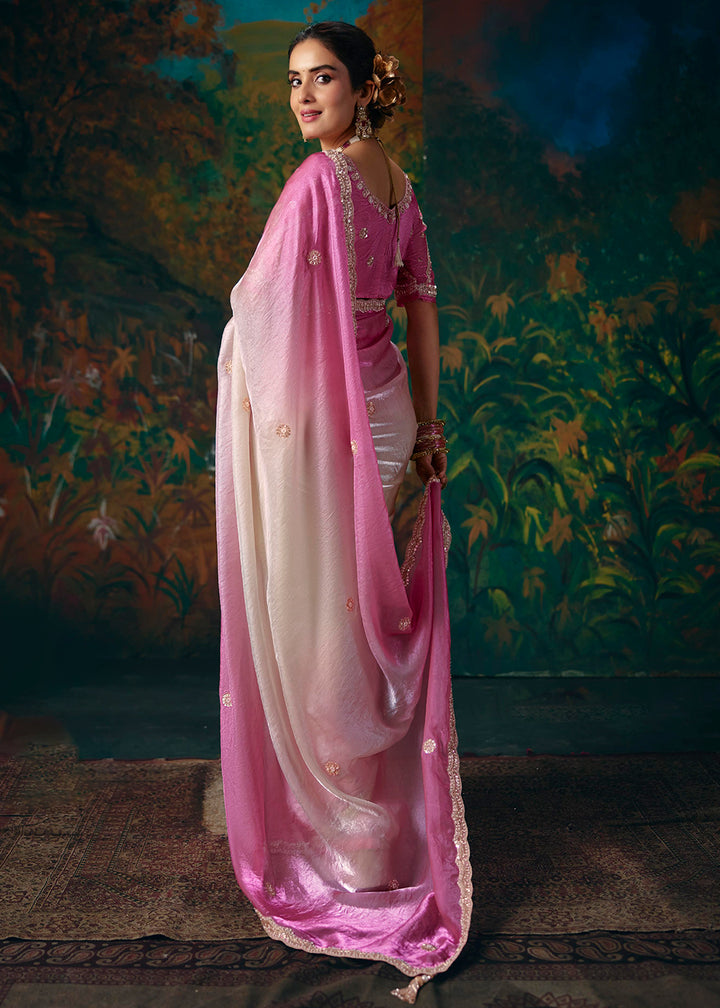 Buy Now Pink White Shaded Designer Style Embroidered Festive Saree at Online in US, UK, Canada, France, Germany, Denmark, Sweden, Austria &amp; Worldwide at Empress.