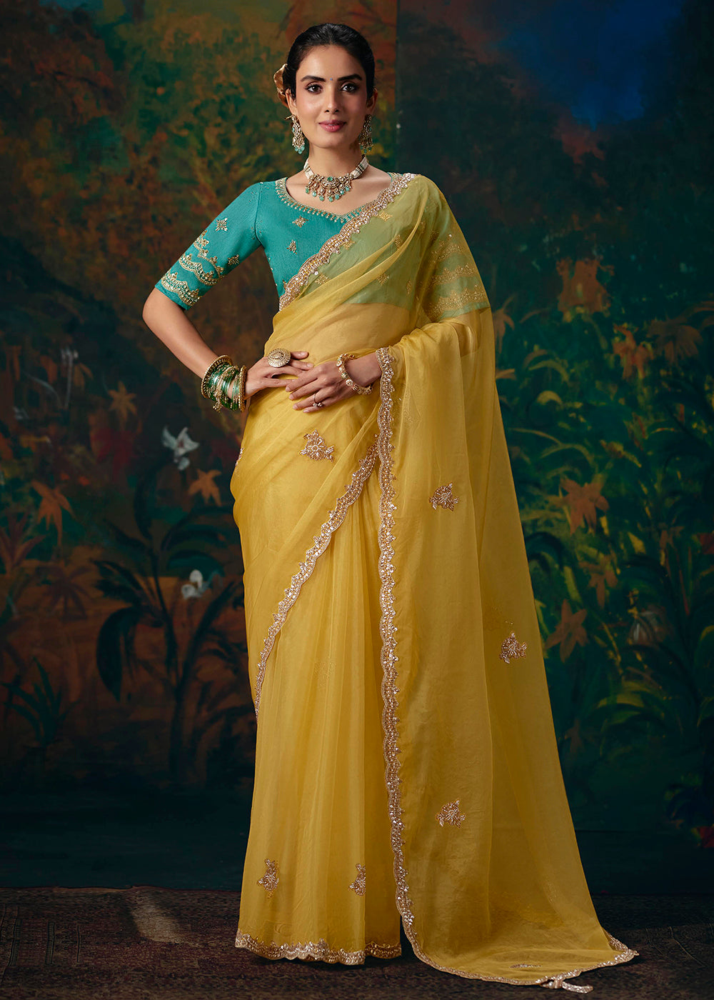 Buy Now Yellow & Rama Designer Style Embroidered Festive Saree at Online in US, UK, Canada, France, Germany, Denmark, Sweden, Austria,UAE & Worldwide at Empress