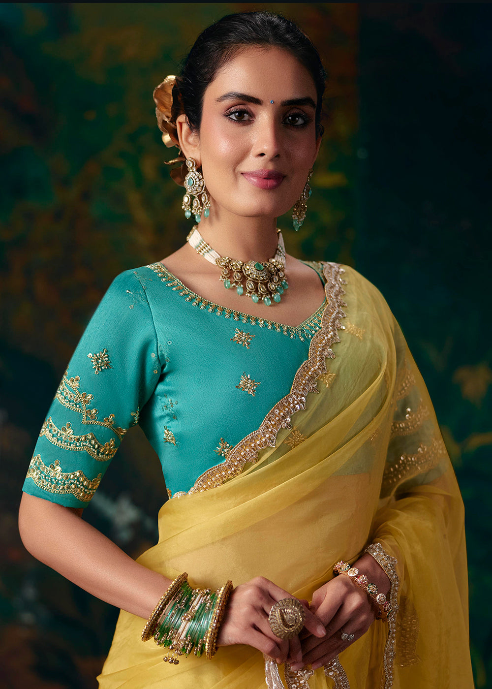Buy Now Yellow & Rama Designer Style Embroidered Festive Saree at Online in US, UK, Canada, France, Germany, Denmark, Sweden, Austria,UAE & Worldwide at Empress