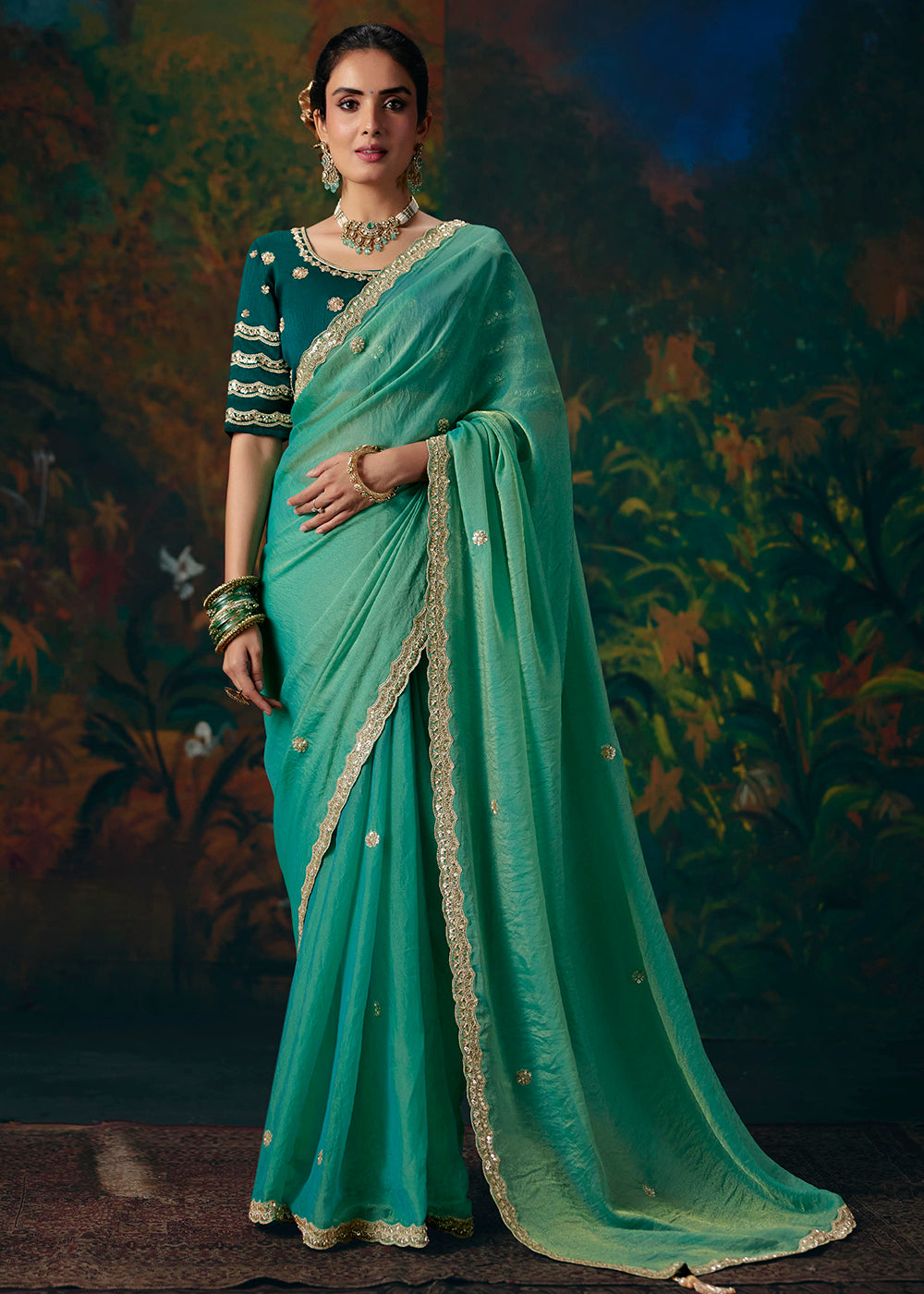 Buy Now Green Designer Style Embroidered Festive Saree at Online in US, UK, Canada, France, Germany, Denmark, Sweden, Austria,UAE & Worldwide at Empress