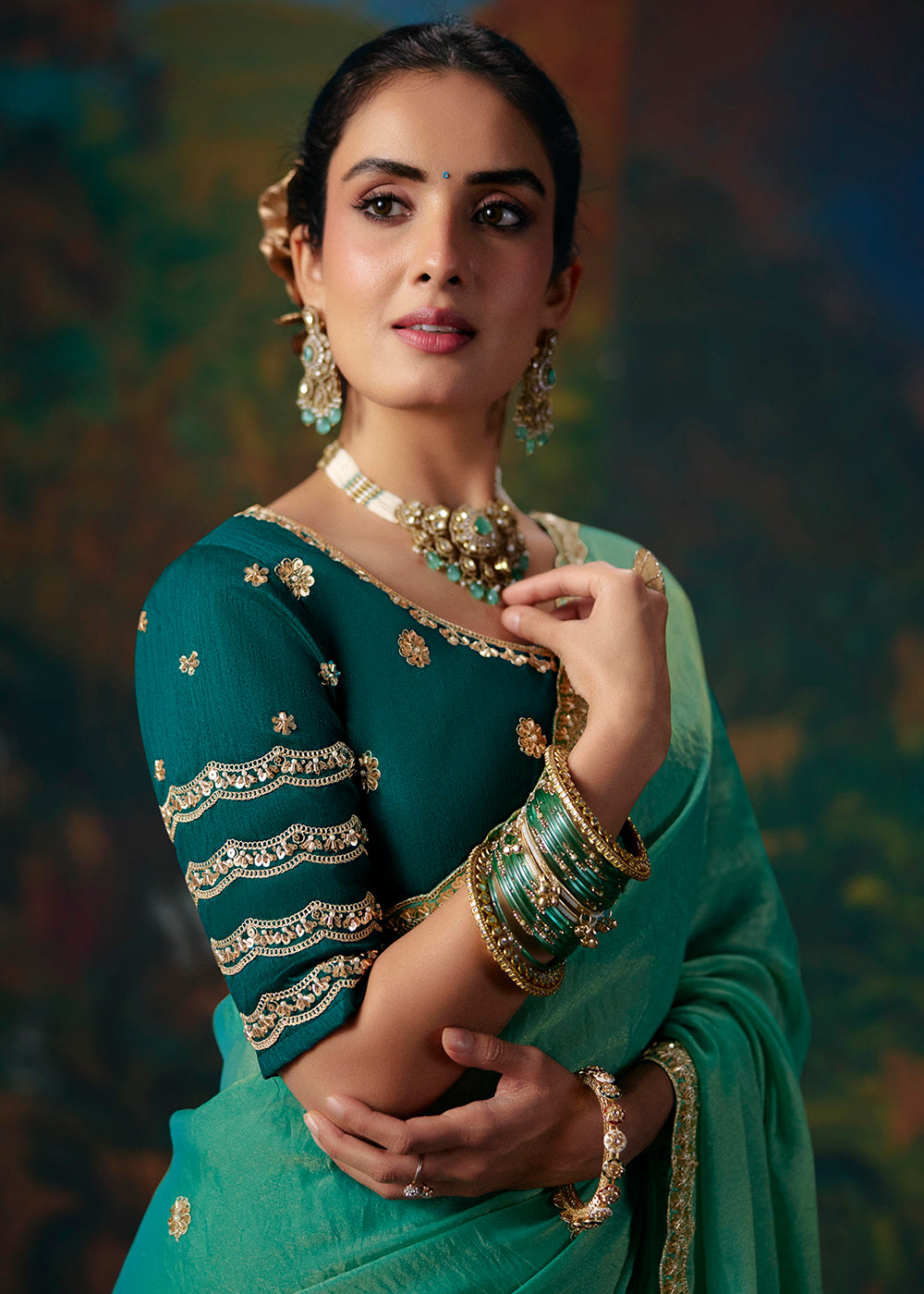 Buy Now Green Designer Style Embroidered Festive Saree at Online in US, UK, Canada, France, Germany, Denmark, Sweden, Austria,UAE & Worldwide at Empress
