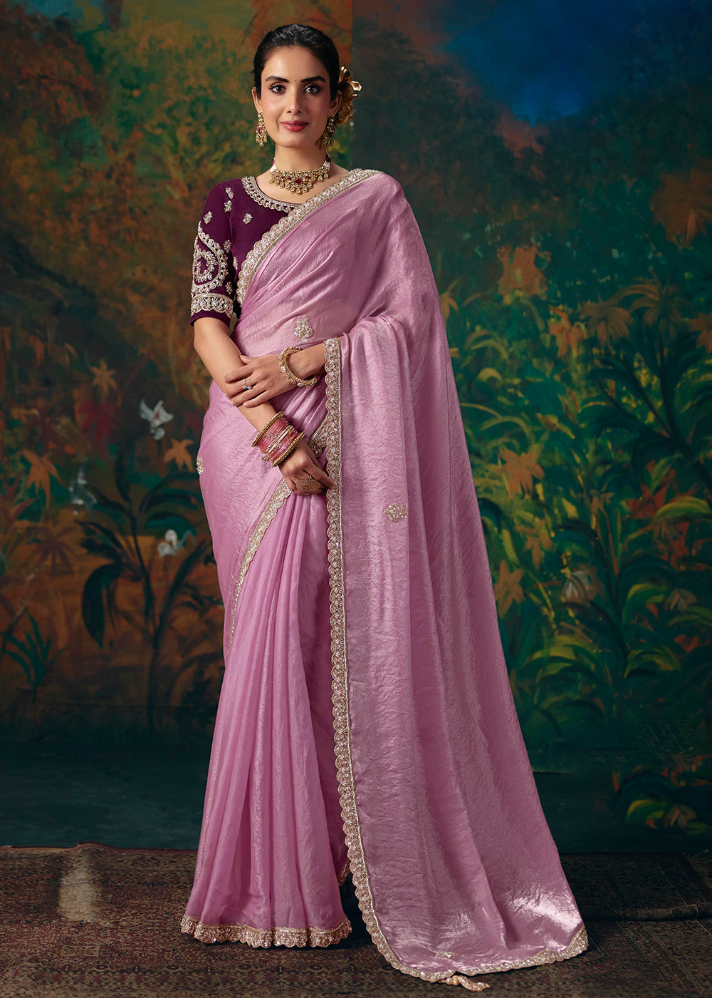 Buy Now Pink & Maroon Designer Style Embroidered Festive Saree at Online in US, UK, Canada, France, Germany, Denmark, Sweden, Austria,UAE & Worldwide at Empress