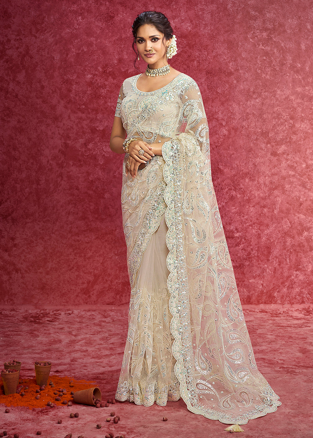 Buy Exquisite Off White Embroidered Wedding Wear Saree Online in US, UK, Canada, France, Germany, Italy, Denmark, Singapore, Belgium, UAE & Worldwide at Empress.
