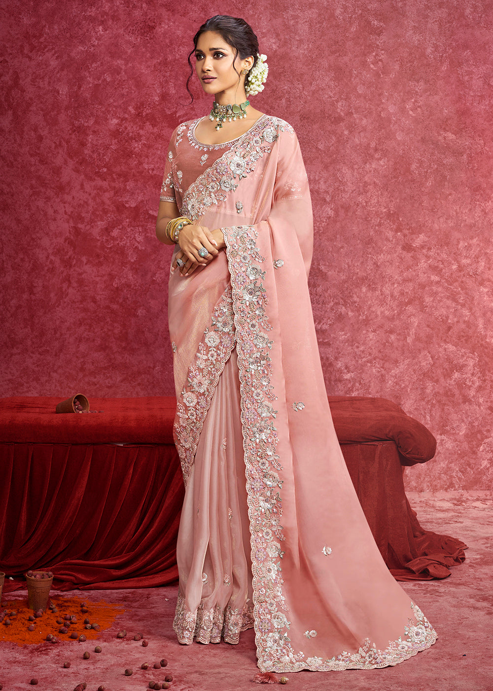 Buy Exquisite Blush Pink Embroidered Wedding Wear Saree Online in US, UK, Canada, France, Germany, Italy, Denmark, Singapore, Belgium & Worldwide at Empress.