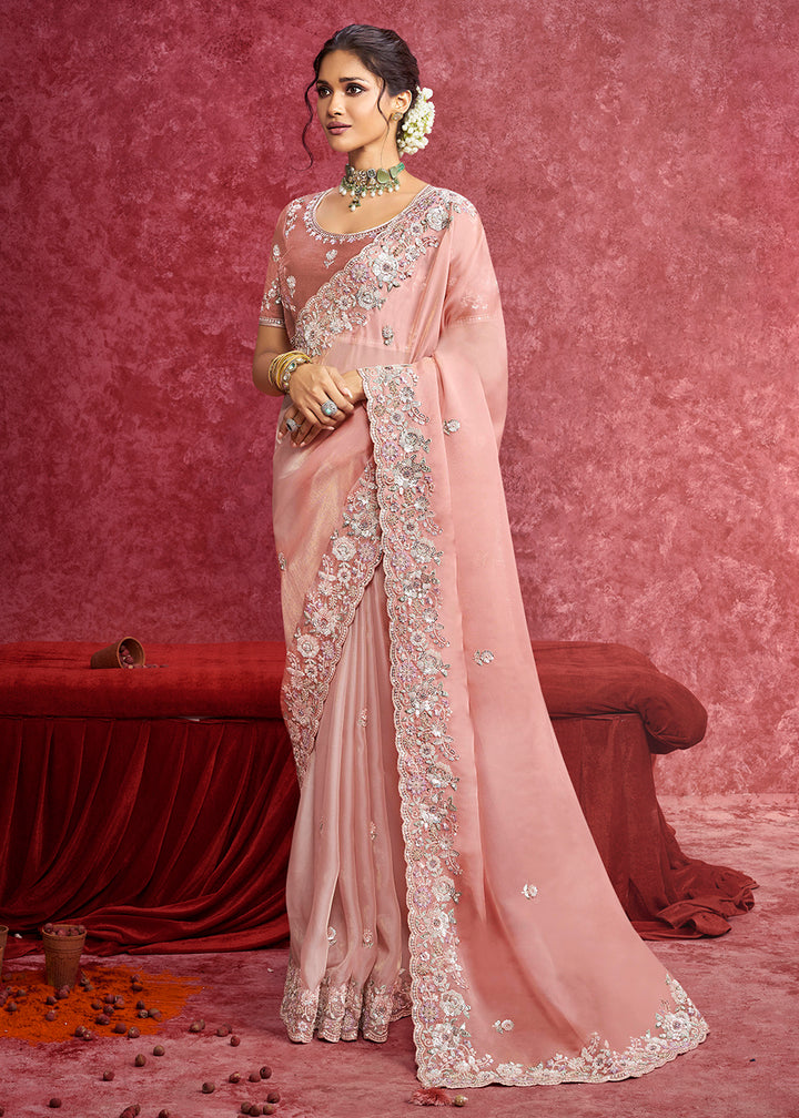 Buy Exquisite Blush Pink Embroidered Wedding Wear Saree Online in US, UK, Canada, France, Germany, Italy, Denmark, Singapore, Belgium & Worldwide at Empress.