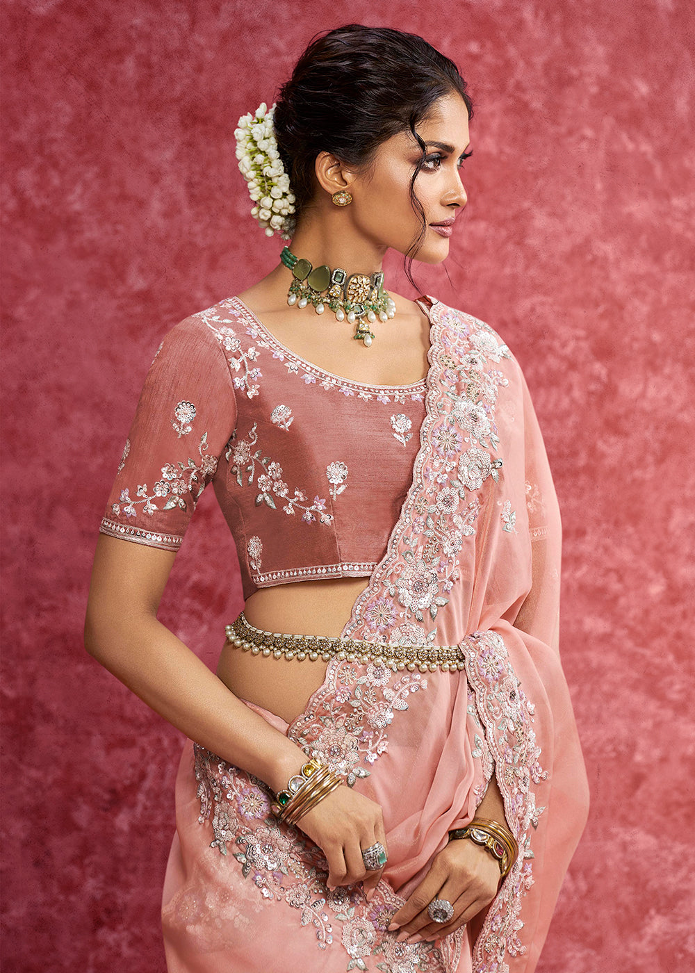 Buy Exquisite Blush Pink Embroidered Wedding Wear Saree Online in US, UK, Canada, France, Germany, Italy, Denmark, Singapore, Belgium & Worldwide at Empress.
