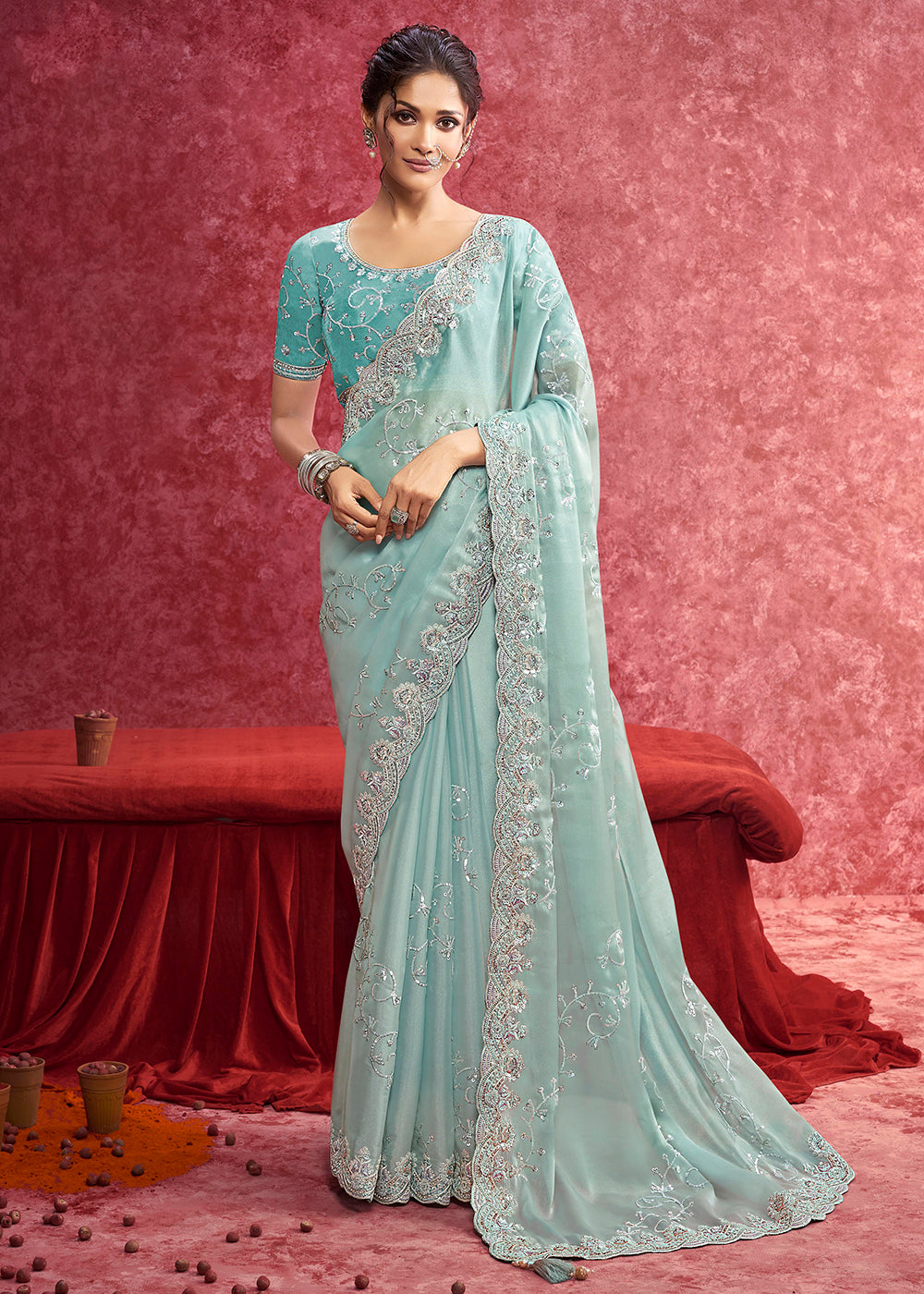 Buy Exquisite Mint Blue Embroidered Wedding Wear Saree Online in US, UK, Canada, France, Germany, Italy, Denmark, Singapore, Belgium & Worldwide at Empress.