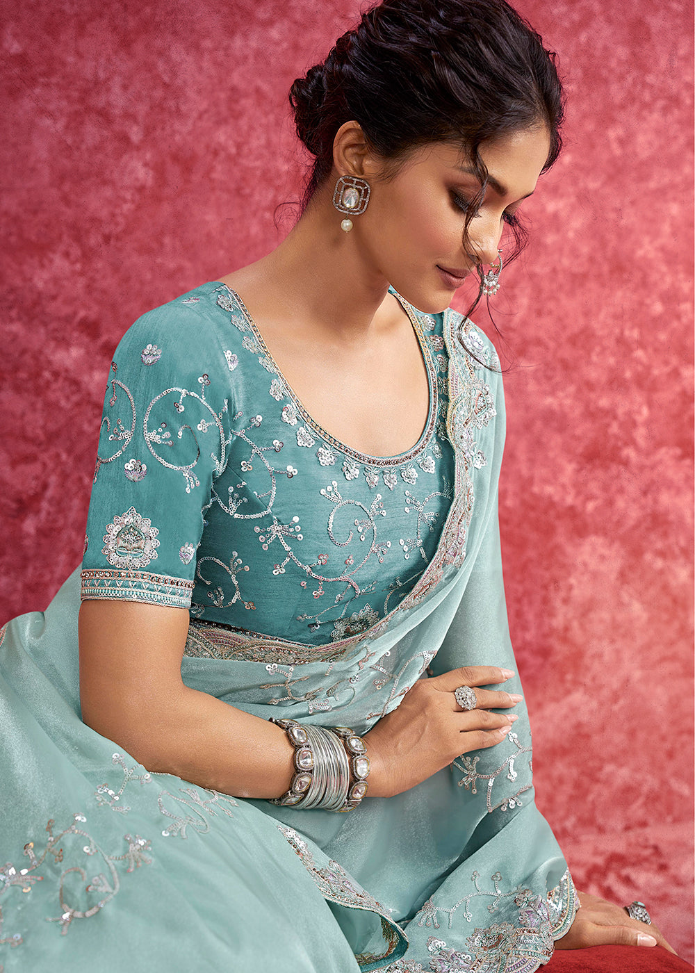 Buy Exquisite Mint Blue Embroidered Wedding Wear Saree Online in US, UK, Canada, France, Germany, Italy, Denmark, Singapore, Belgium & Worldwide at Empress.