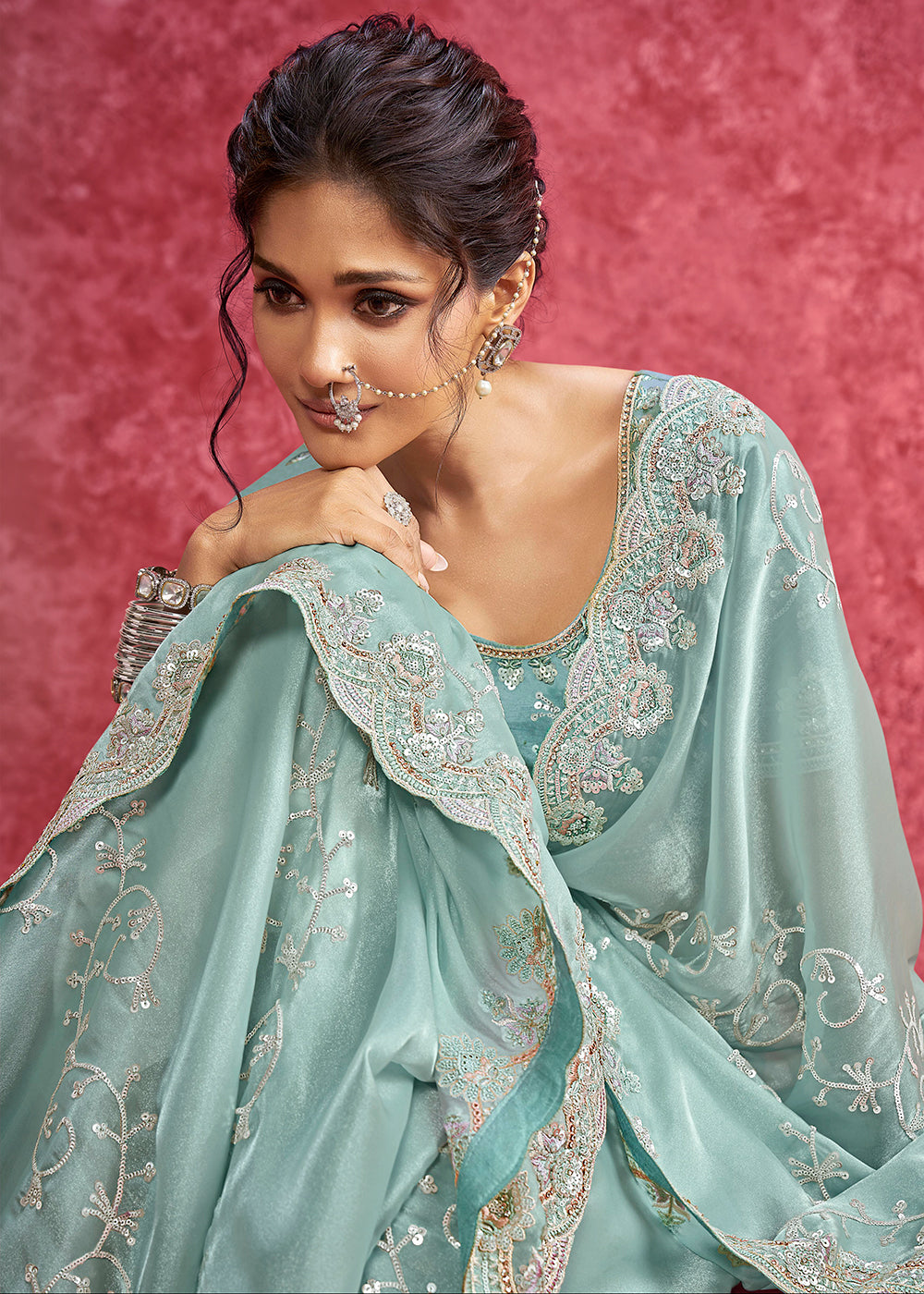 Buy Exquisite Mint Blue Embroidered Wedding Wear Saree Online in US, UK, Canada, France, Germany, Italy, Denmark, Singapore, Belgium & Worldwide at Empress.