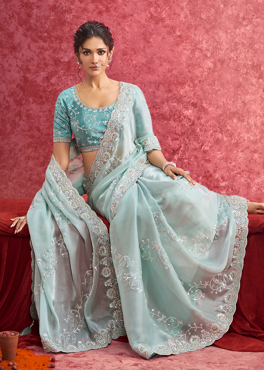 Buy Exquisite Mint Blue Embroidered Wedding Wear Saree Online in US, UK, Canada, France, Germany, Italy, Denmark, Singapore, Belgium & Worldwide at Empress.