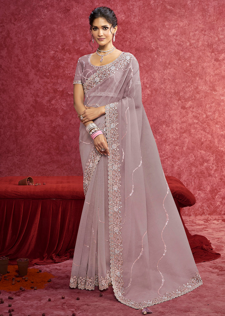 Buy Exquisite Mauve Embroidered Wedding Wear Saree Online in US, UK, Canada, France, Germany, Italy, Denmark, Singapore, Belgium, UAE & Worldwide at Empress.
