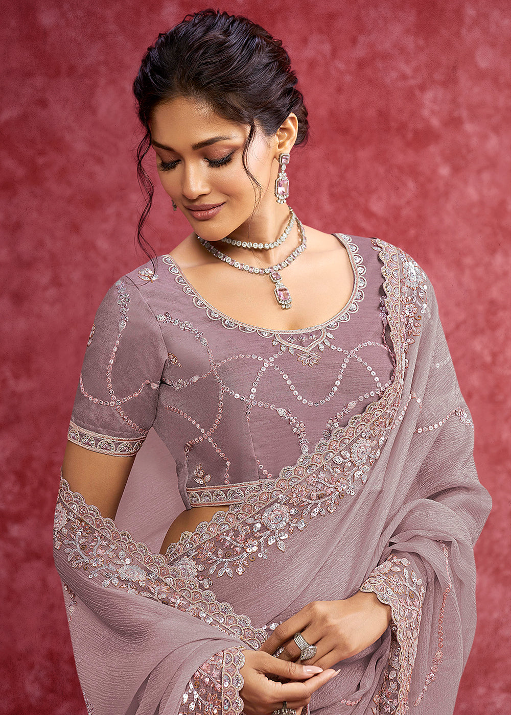 Buy Exquisite Mauve Embroidered Wedding Wear Saree Online in US, UK, Canada, France, Germany, Italy, Denmark, Singapore, Belgium, UAE & Worldwide at Empress.