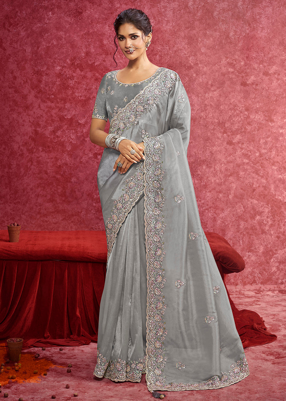 Buy Exquisite Silver Grey Embroidered Wedding Wear Saree Online in US, UK, Canada, France, Germany, Italy, Denmark, Singapore, Belgium & Worldwide at Empress.