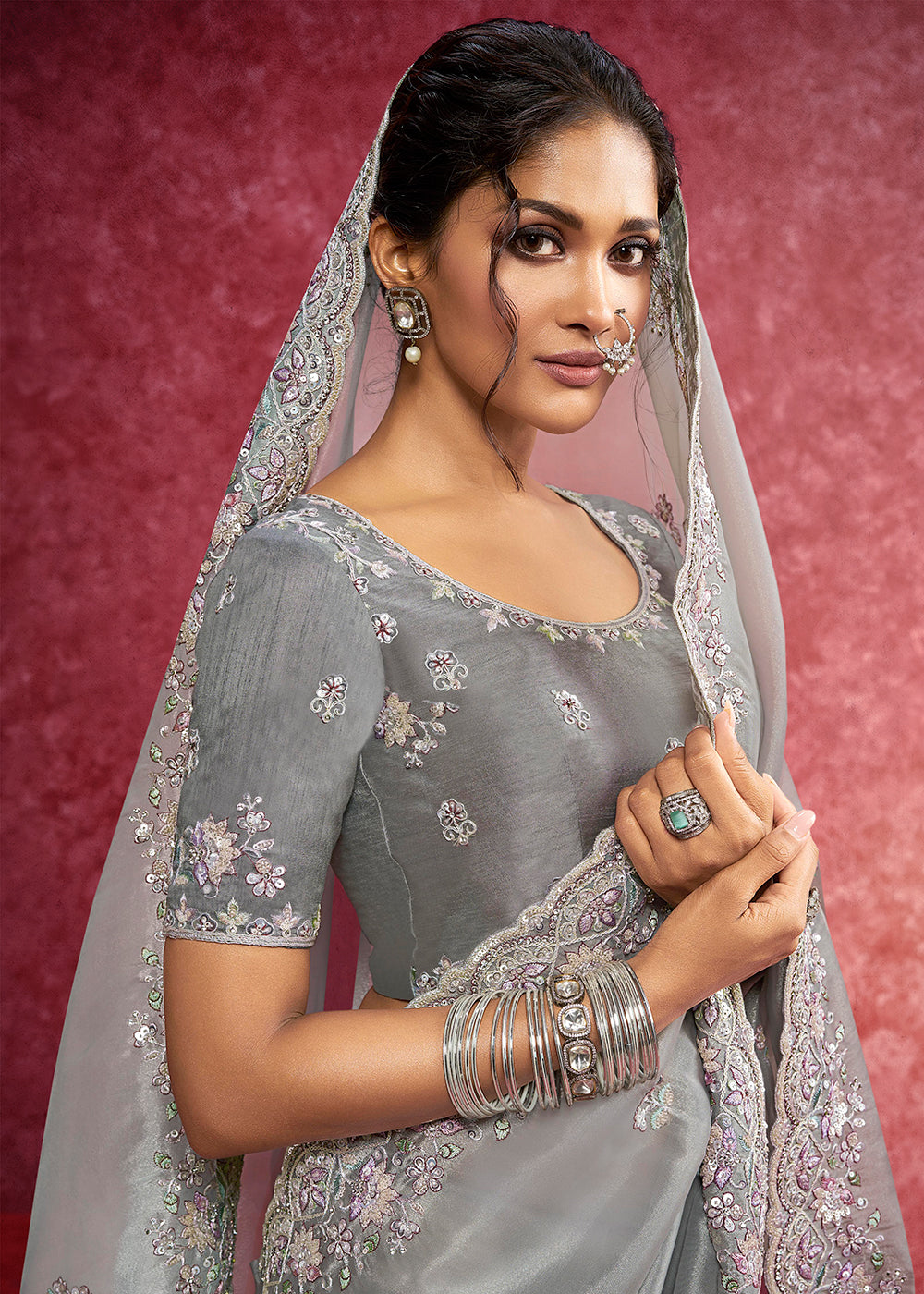 Buy Exquisite Silver Grey Embroidered Wedding Wear Saree Online in US, UK, Canada, France, Germany, Italy, Denmark, Singapore, Belgium & Worldwide at Empress.