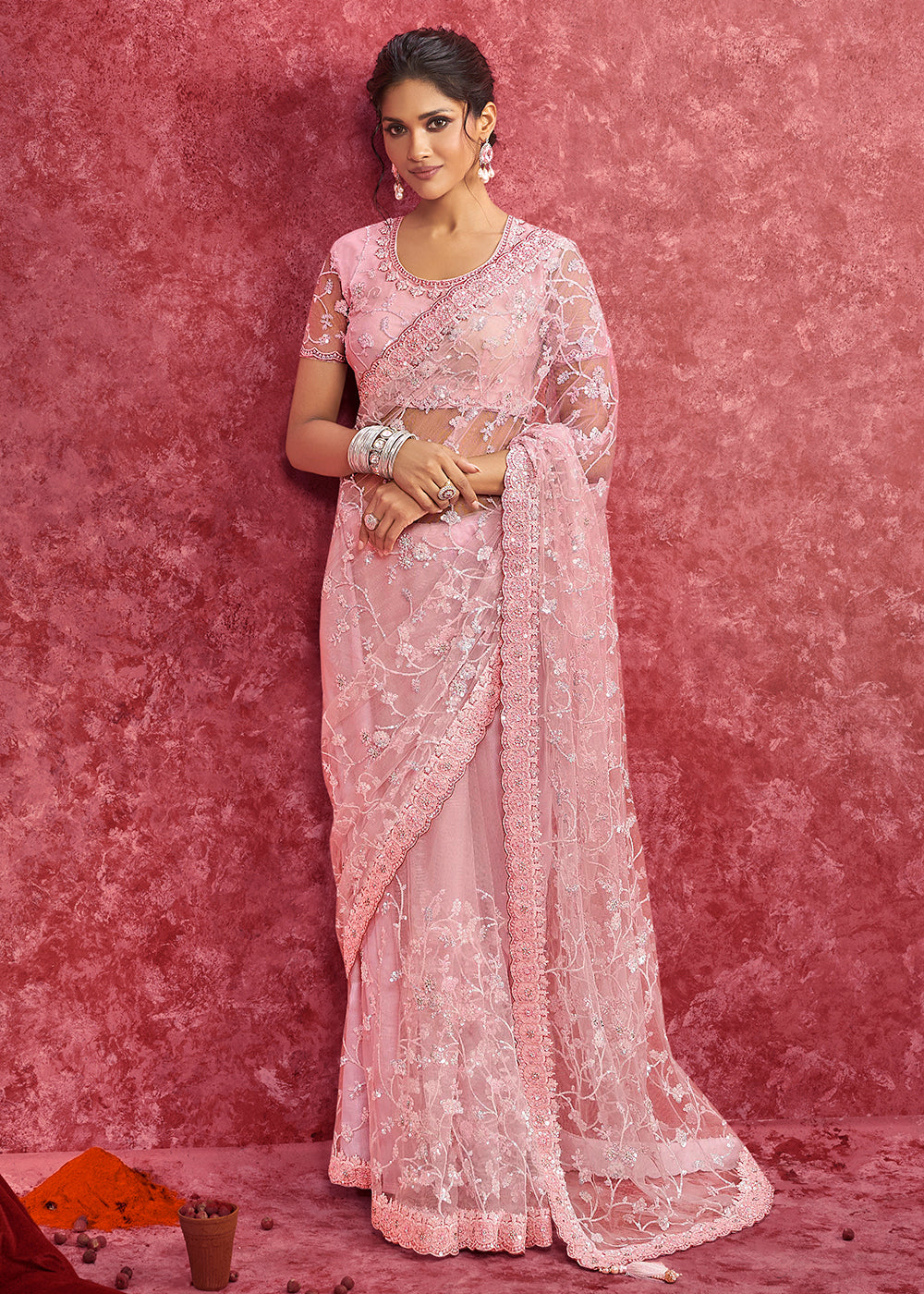 Buy Exquisite Rose Pink Embroidered Wedding Wear Saree Online in US, UK, Canada, France, Germany, Italy, Denmark, Singapore, Belgium & Worldwide at Empress.