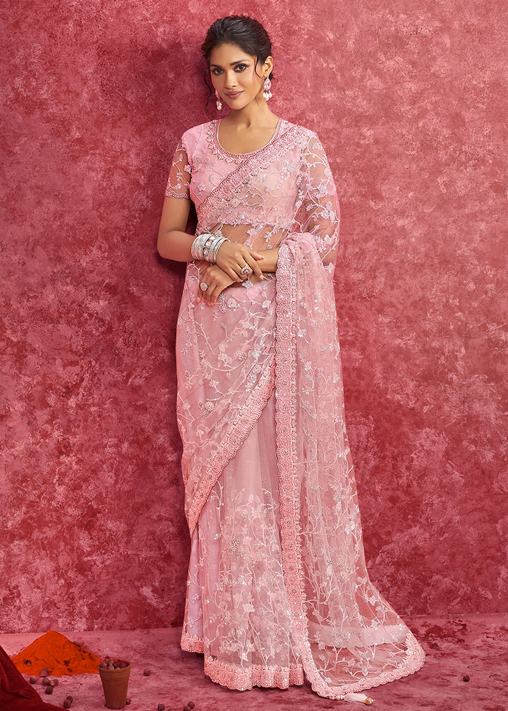 Buy Exquisite Rose Pink Embroidered Wedding Wear Saree Online in US, UK, Canada, France, Germany, Italy, Denmark, Singapore, Belgium & Worldwide at Empress.