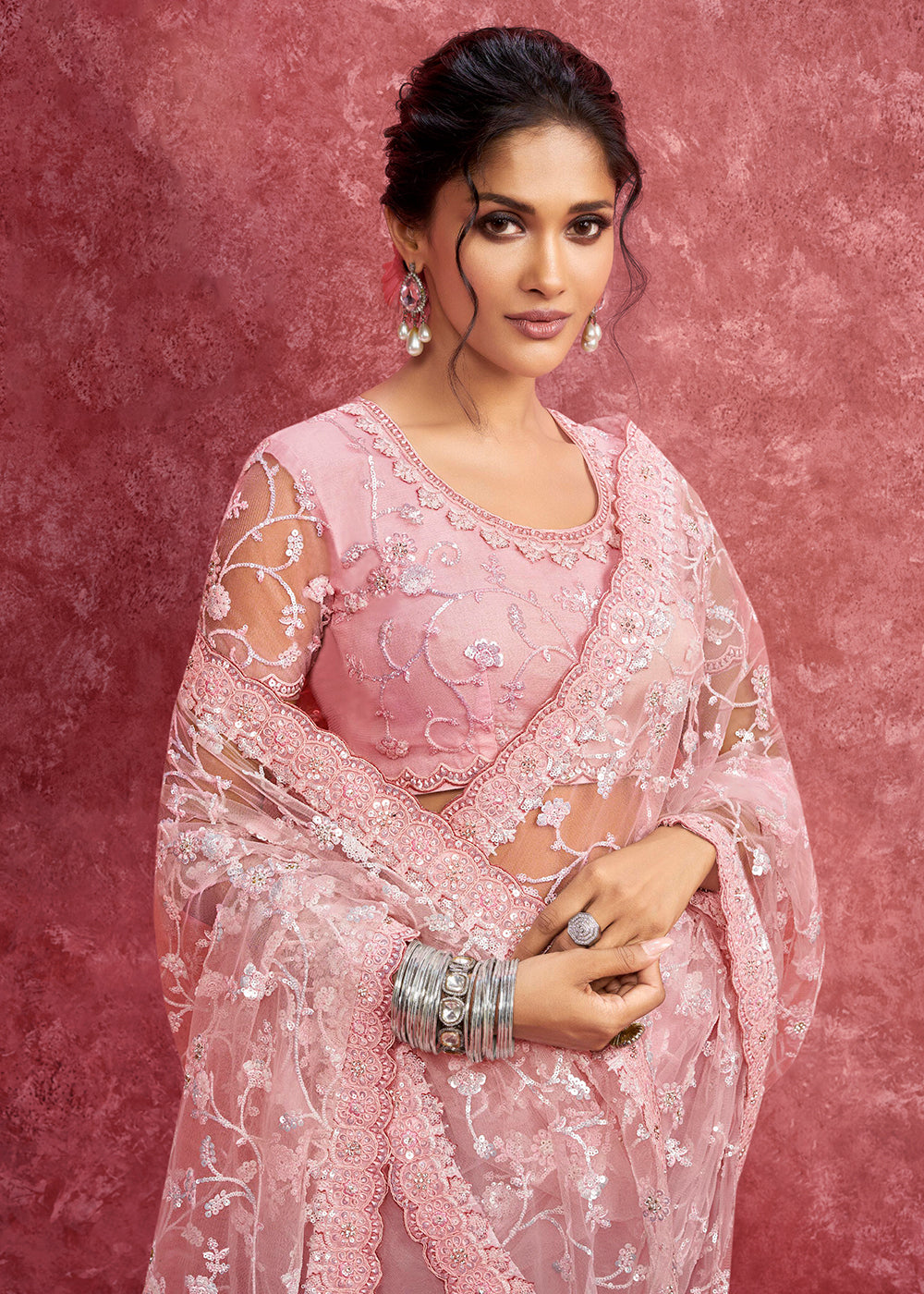 Buy Exquisite Rose Pink Embroidered Wedding Wear Saree Online in US, UK, Canada, France, Germany, Italy, Denmark, Singapore, Belgium & Worldwide at Empress.